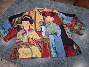 Chicos Design 100% Silk Blouse Asian Geisha Button Up Sz S 0 Vtg Art to Wear